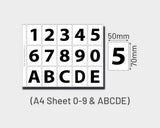 A4 Printed Sticker Set (0-9, A-E), Waterproof Self-Adhesive Vinyl Stickers (3 Colours Available)