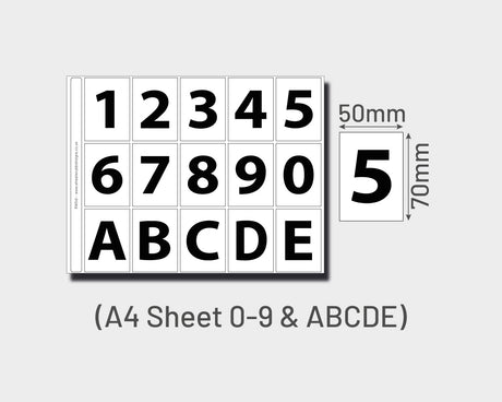 A4 Printed Sticker Set (0-9, A-E), Waterproof Self-Adhesive Vinyl Stickers (3 Colours Available)