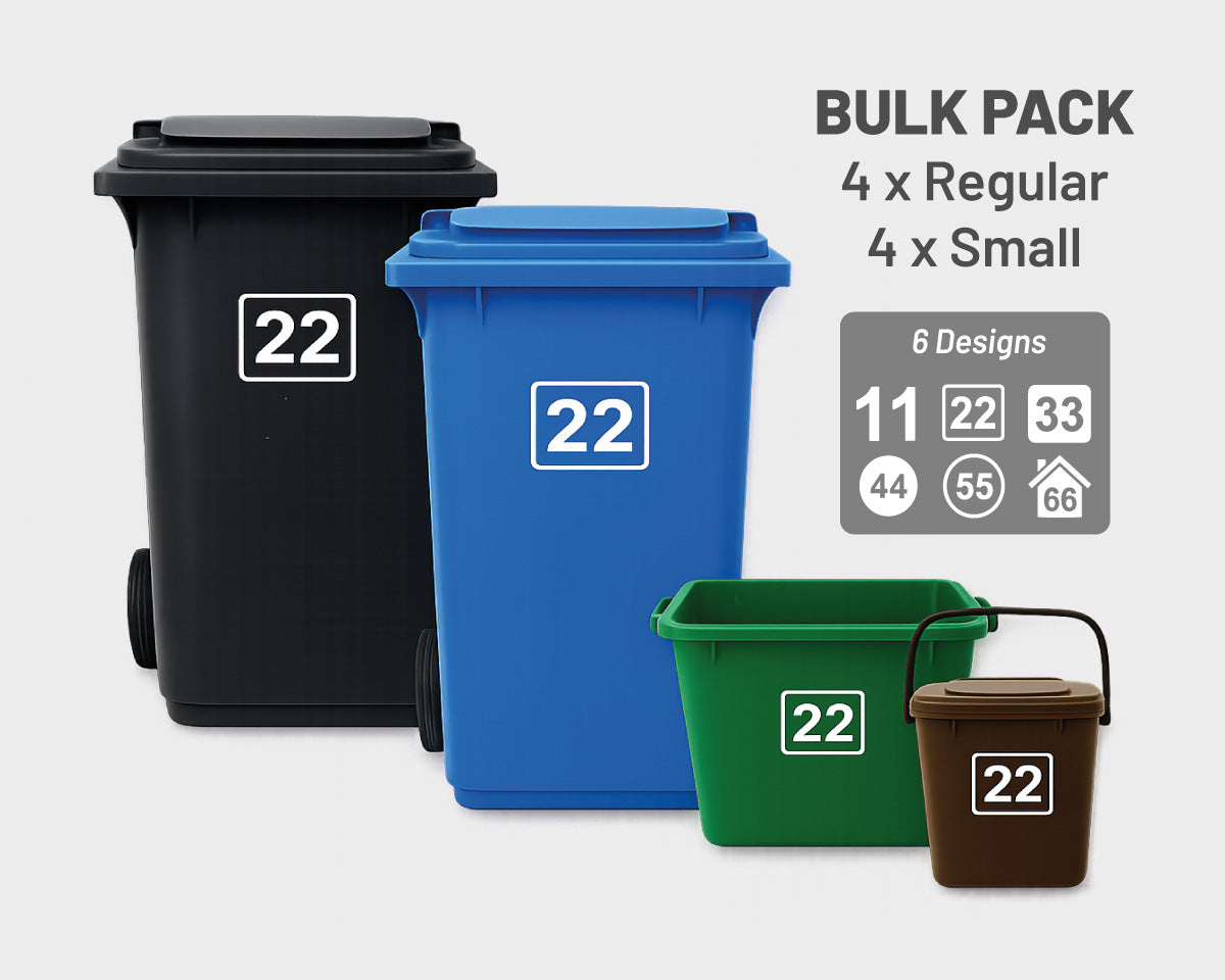 BULK PACK - Bin Numbers - 4 x Regular 4 x Small – Wheelie Rubbish Signs