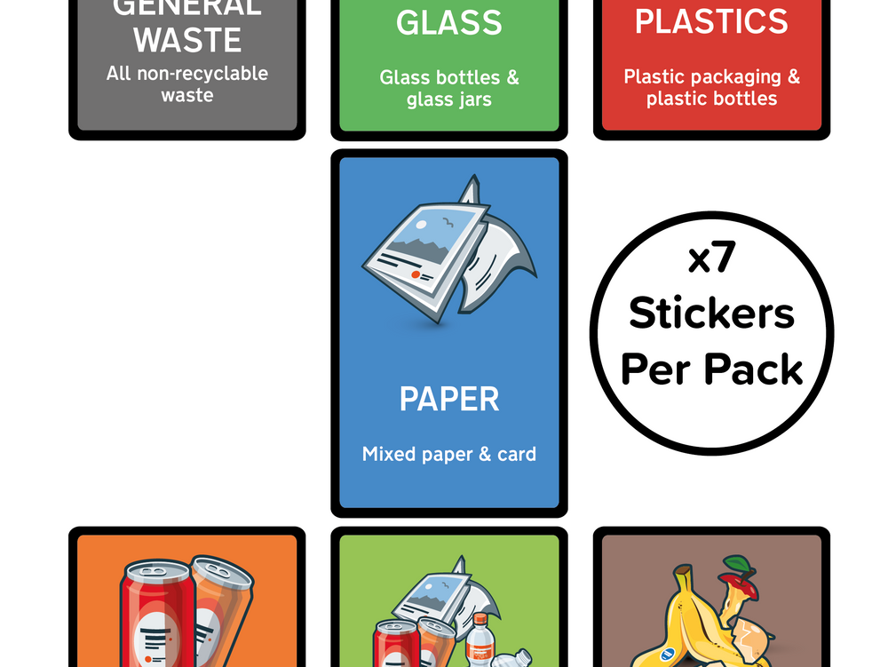 Pack of 7 Premium Wheelie Bin Waste Type Stickers