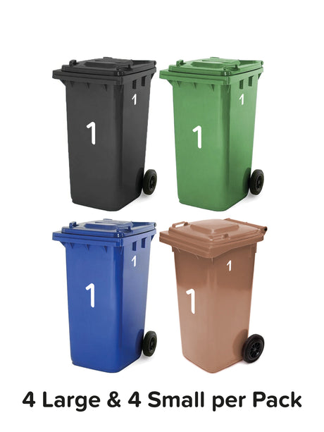Pack of 4 Large & 4 Small Wheelie Bin Number Stickers (Pick from 0-9, A-D), Plain White Waterproof Self-Adhesive Vinyl Stickers