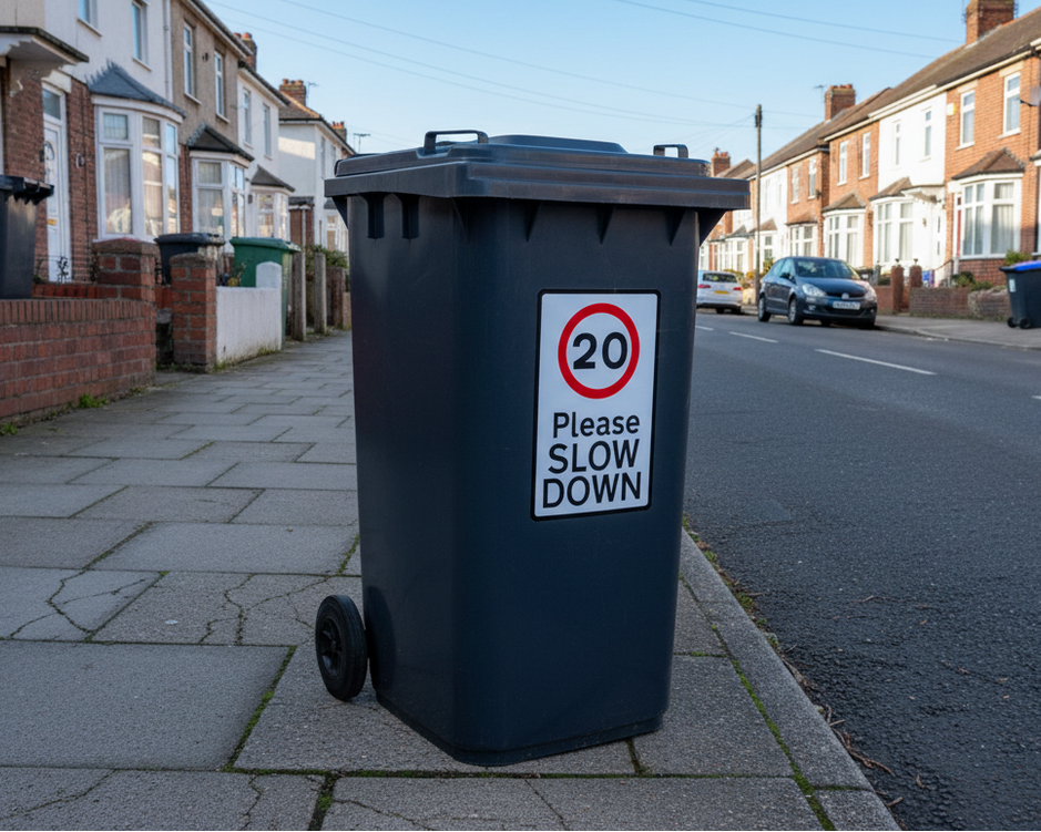 please sloe down sign on wheelie bin uk