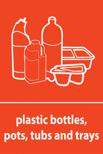 Recycling Sticker - Plastic Bottles, Pots, Tubs and Trays (WRAP Compliant)